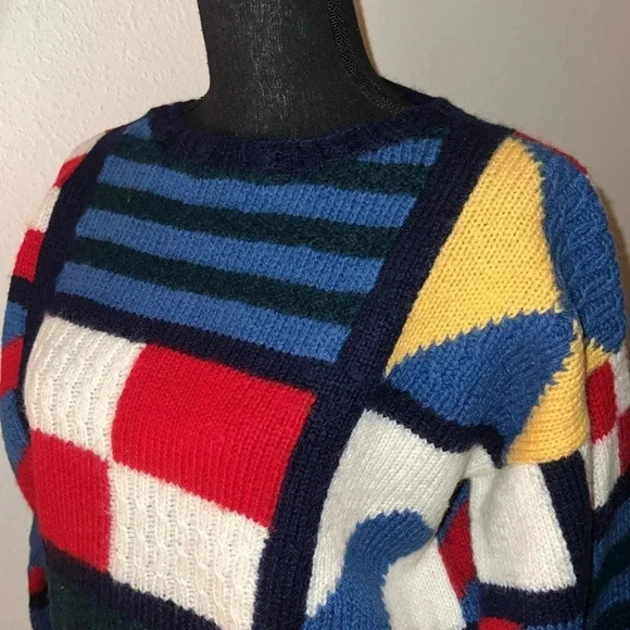 Quissett Cove Vintage Unisex Patchwork 100% Wool Sweater Jumper Size Medium - Picture 3 of 14